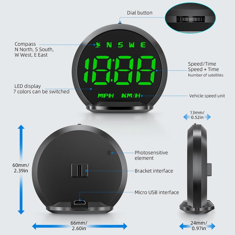 Docbraces Car GPS HUD Speedometer - Universal LED Digital Heads Up Display with MPH Speedometer, Compass Overspeed, Fatigued Driving Alarm & Fatigue Alert - Plug & Play USB for Cars, Trucks & All Vehicles - Image 4